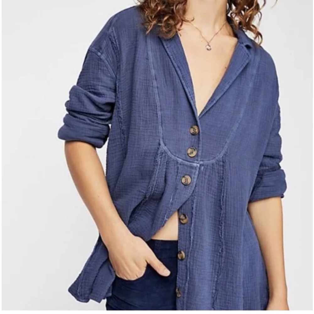 Free People All About The Feels button Shirt oversized Small cotton boho